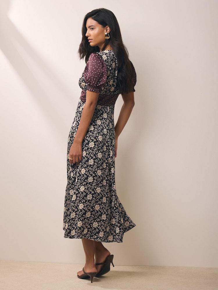 BHOEM Black/Ecru Satin Floral Print Short Sleeve Midi Dress - Image 4 of 4 BHOEM Black/Ecru Satin Floral Print Short Sleeve Midi Dress - Image 4 of 4