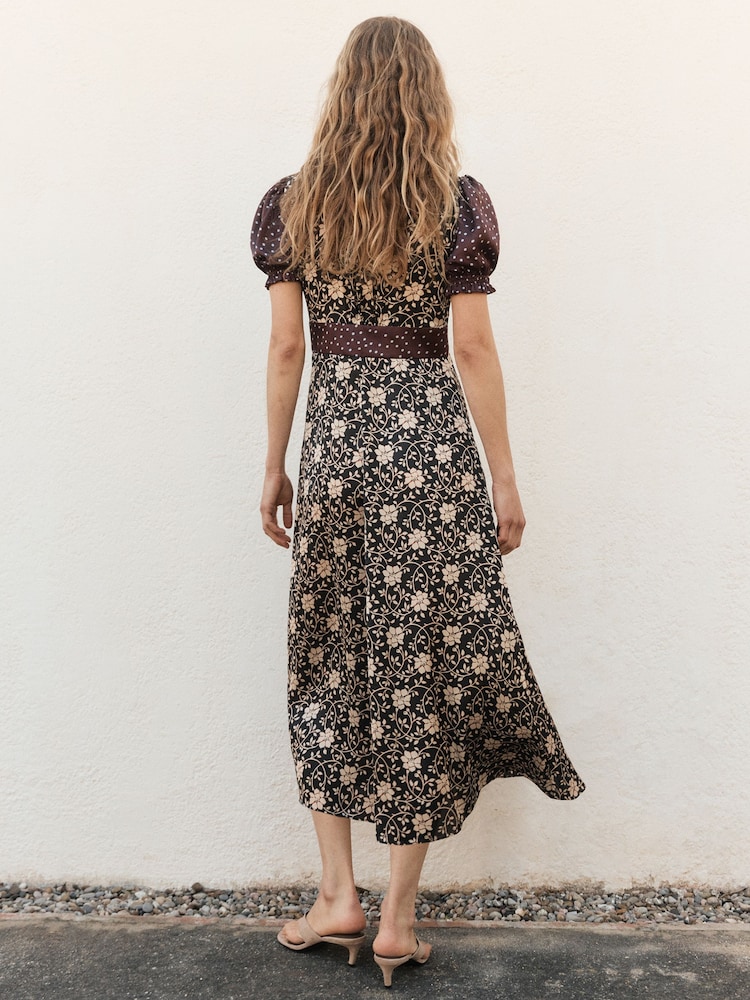 BHOEM Black/Ecru Satin Floral Print Short Sleeve Midi Dress - Image 5 of 5