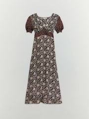 BHOEM Black/Ecru Satin Floral Print Short Sleeve Midi Dress - Image 6 of 6