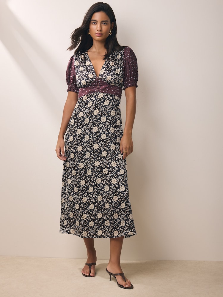 BHOEM Black/Ecru Satin Floral Print Short Sleeve Midi Dress - Image 6 of 6 BHOEM Black/Ecru Satin Floral Print Short Sleeve Midi Dress - Image 6 of 6