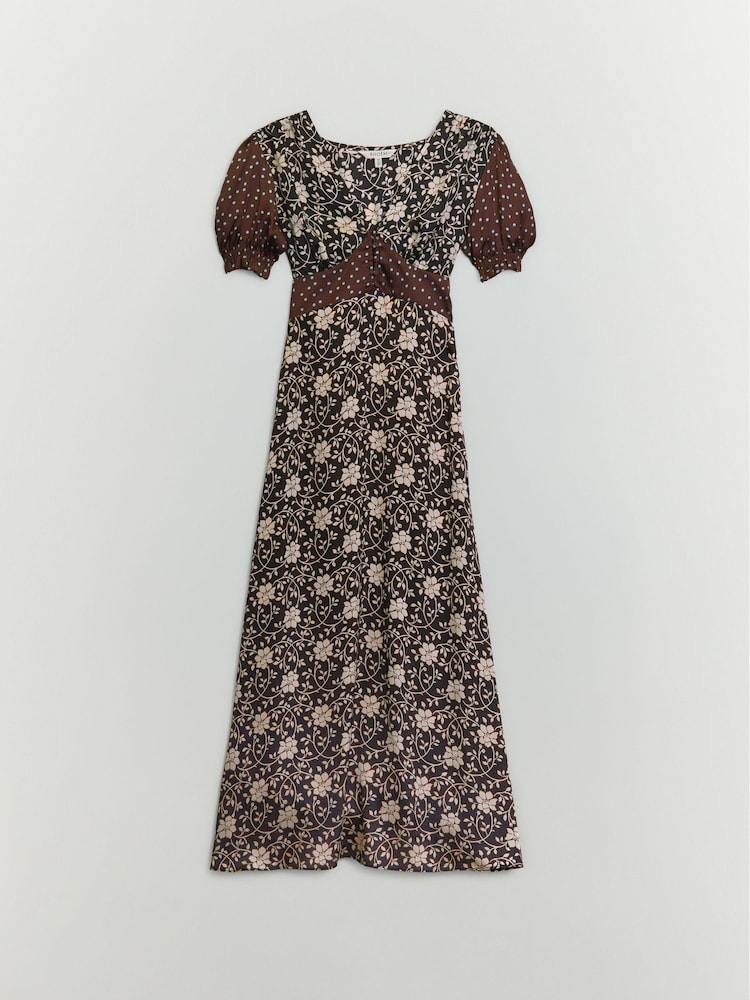 BHOEM fekete/ekrü szatén virágmintás rövid ujjú midi ruha - 7/ 7 kép