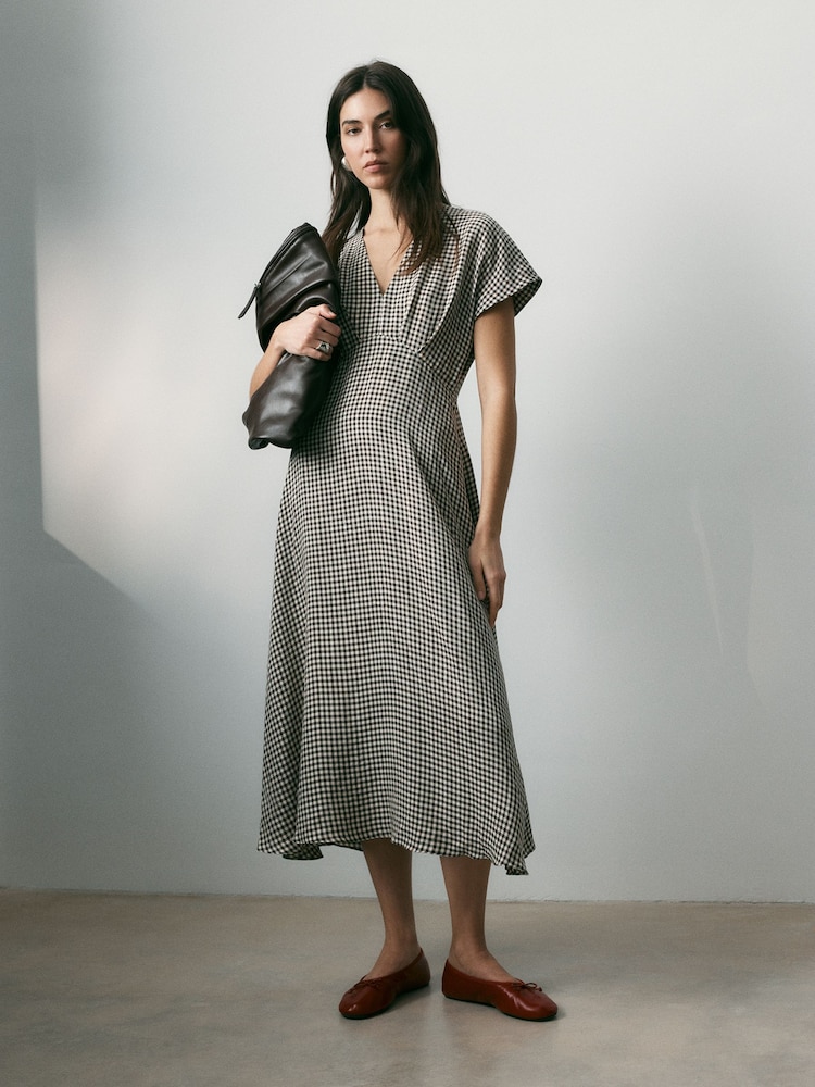 BHOEM Brown/Cream Midi Gingham Check Fluid Short Sleeve Dress - Image 1 of 5