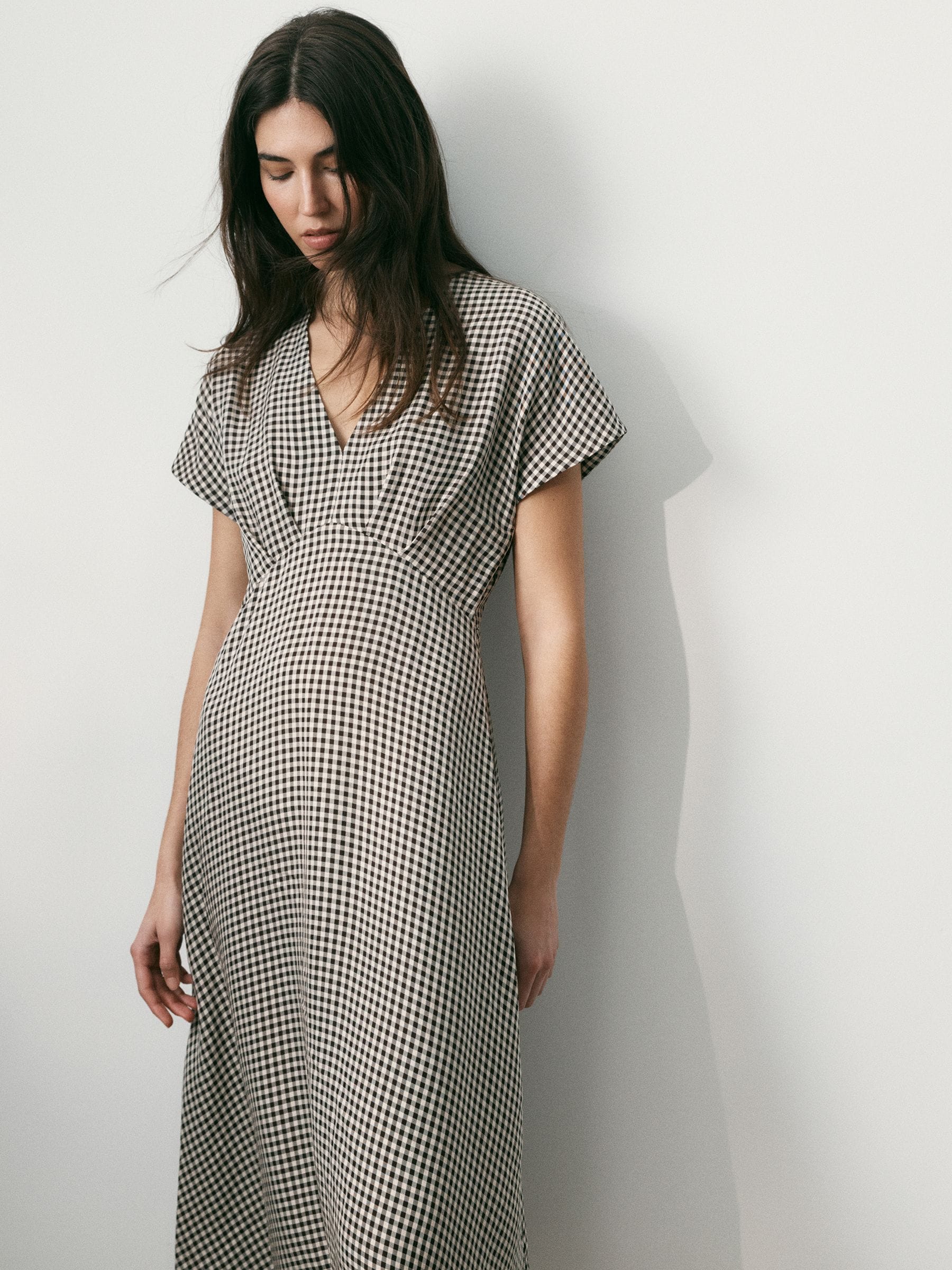 Buy BHOEM Brown/Cream Midi Gingham Check Fluid Short Sleeve Dress