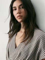 BHOEM Brown/Cream Midi Gingham Check Fluid Short Sleeve Dress - Image 3 of 5