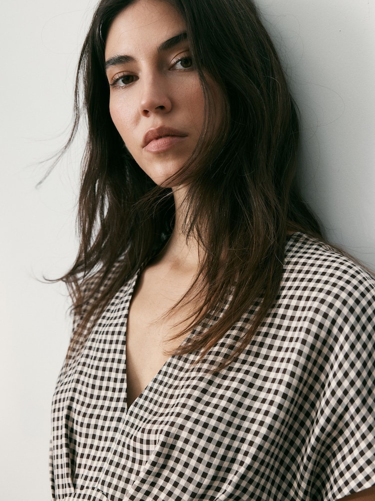 brown and cream gingham dress Womens BHOEM Brown/Cream Midi Gingham Check Fluid Short Sleeve Dress US 12