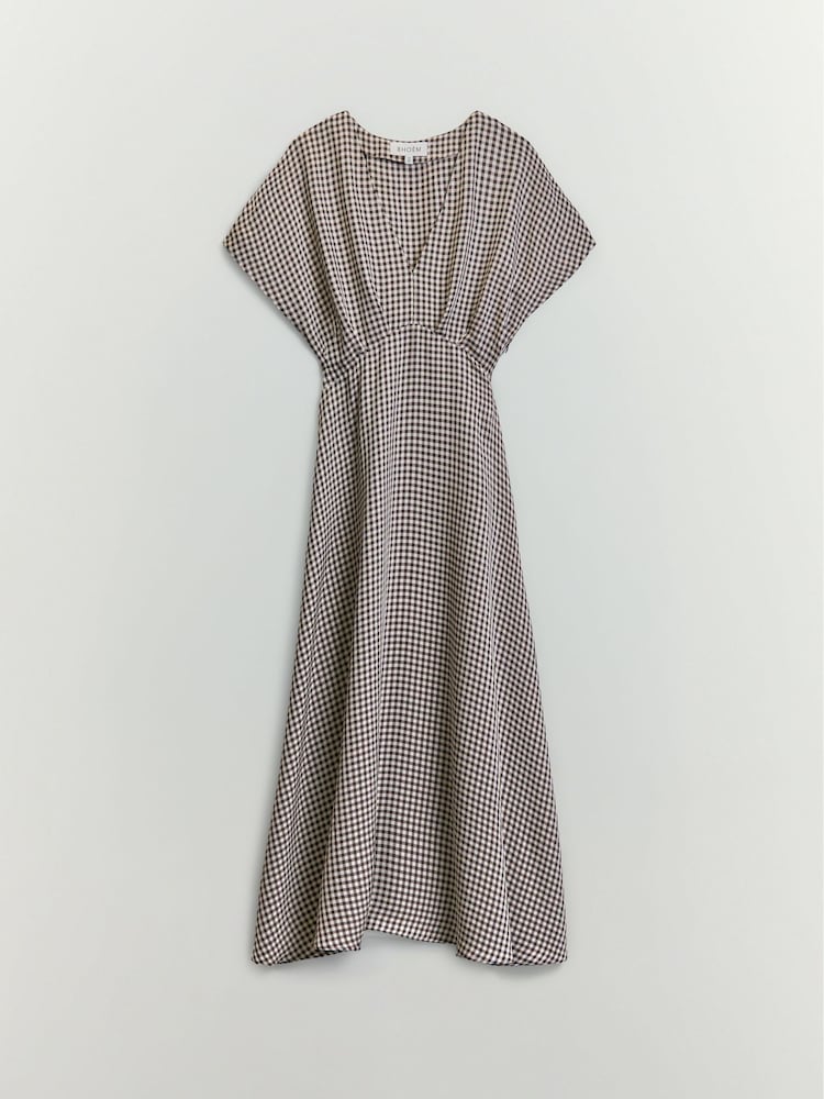 BHOEM Brown/Cream Midi Gingham Check Fluid Short Sleeve Dress - Image 5 of 5