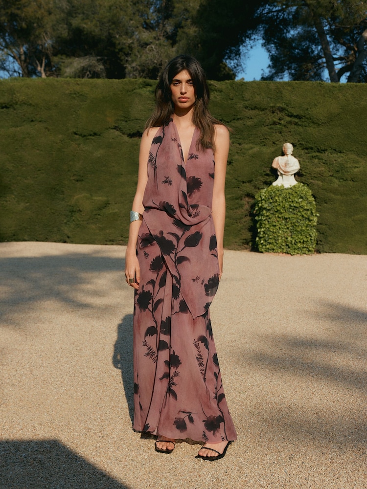 BHOEM Pink Floral Print Draped Open Back Event Long Dress - Image 1 of 5 BHOEM Pink Floral Print Draped Open Back Event Long Dress - Image 1 of 5