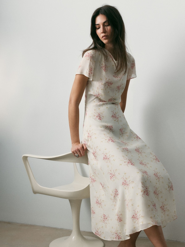 BHOEM Ecru/Pink Floral Print Chiffon Short Sleeve Occasion Midi Dress - Image 1 of 4