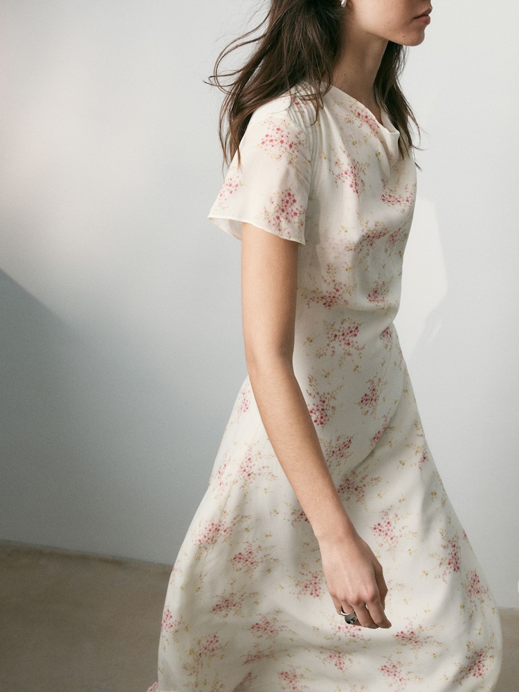 BHOEM Ecru/Pink Floral Print Chiffon Short Sleeve Occasion Midi Dress - Image 2 of 4