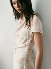 BHOEM Ecru/Pink Floral Print Chiffon Short Sleeve Occasion Midi Dress - Image 4 of 4