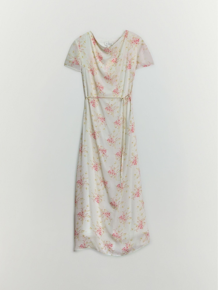 BHOEM 米白色/粉色花卉印花雪纺短袖中长连衣裙 - 图片6 / 6
