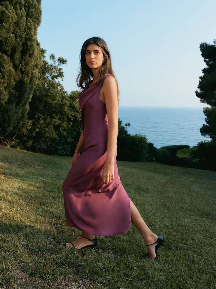 deep pink midi dress Adrina | Dark PINK Draped One Shoulder Midi Dress