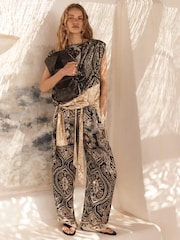 BHOEM Paisley Print Satin Wide Leg Black/White Trousers - Image 1 of 4
