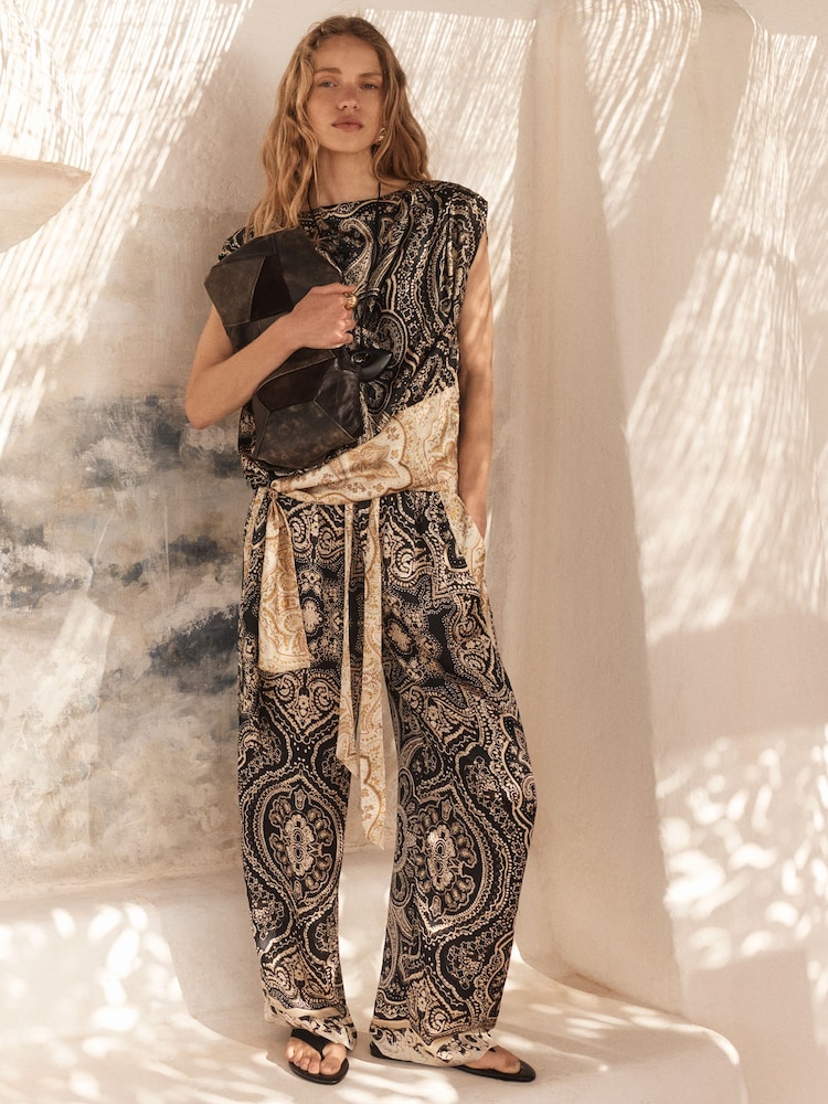 BHOEM Paisley Print Satin Wide Leg Black/White Trousers - Image 1 of 4