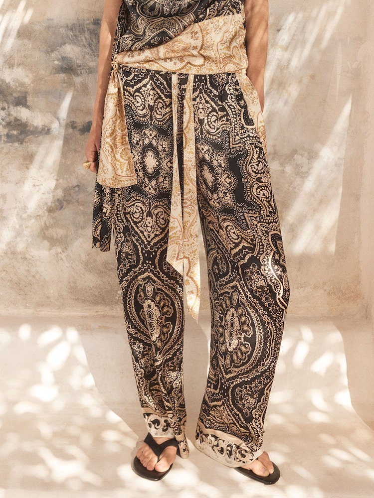 BHOEM Paisley Print Satin Wide Leg Black/White Trousers - Image 2 of 4