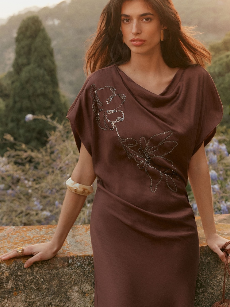 BHOEM Brown Beaded Floral Drape Maxi Sleeveless Dress - Image 2 of 5