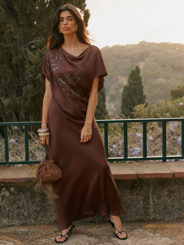 brown beaded dress Womens BHOEM Floral Drape Maxi Sleeveless US 8 gold wedding belt Top Picks Black Formal Size:86 Main 85% Tencel lyocell
