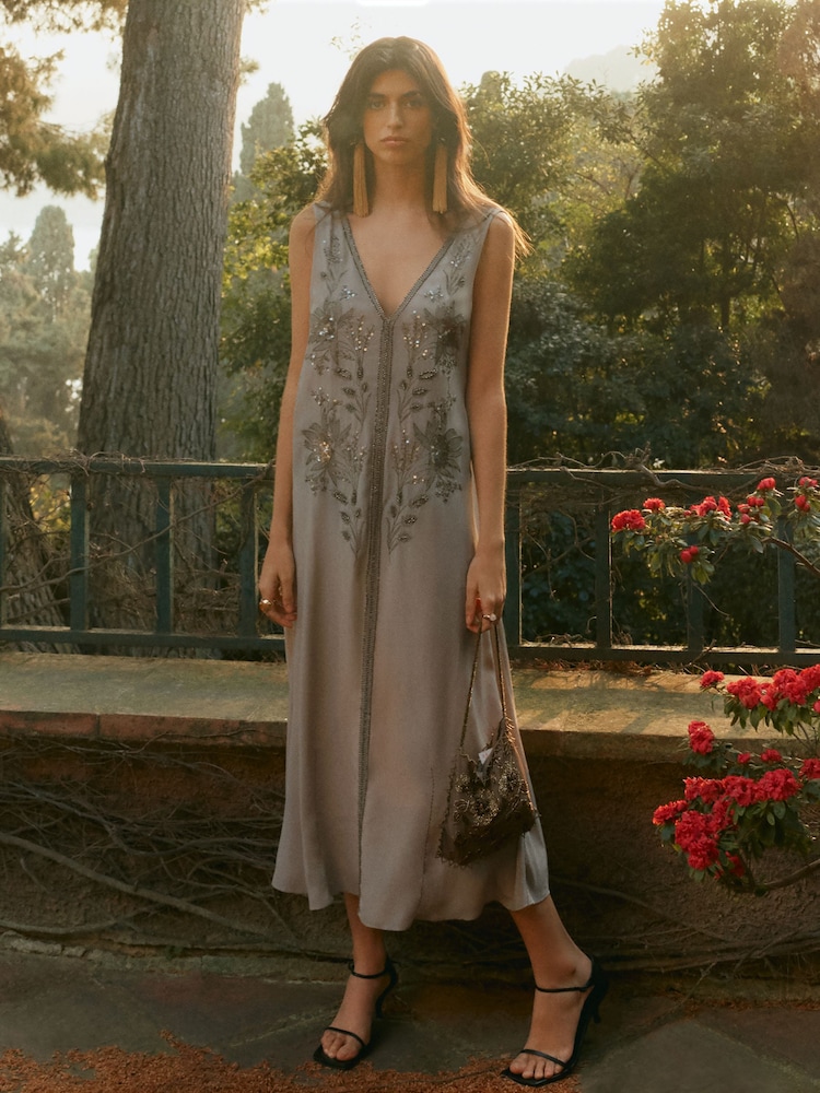 BHOEM Light Grey Beaded Maxi V-Neckline Event Dress - Image 1 of 5 BHOEM Light Grey Beaded Maxi V-Neckline Event Dress - Image 1 of 5