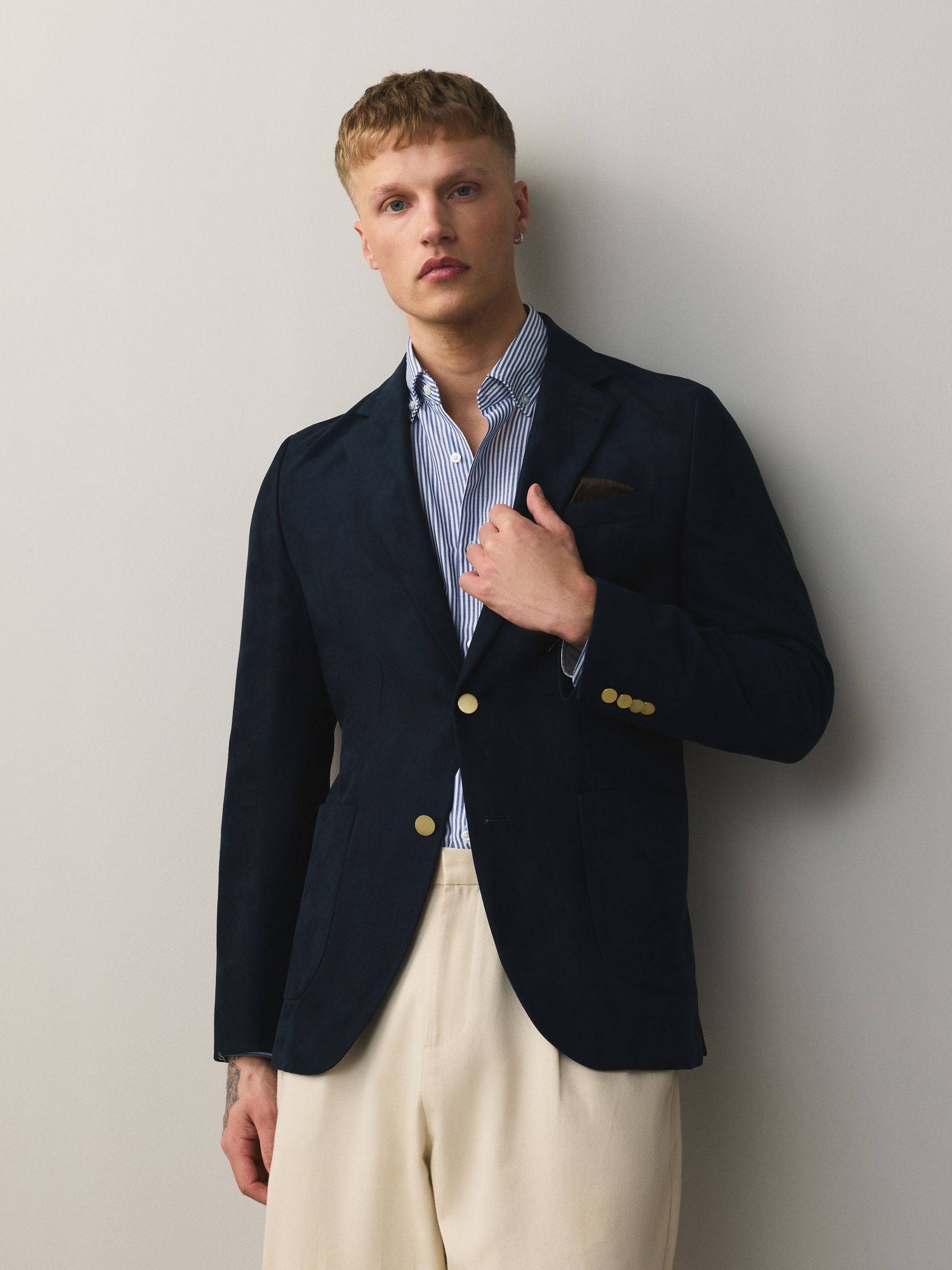 Buy Navy Gold Buttons Slim Fit Faux Suede Blazer from the Next UK