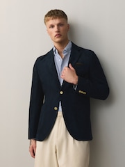 Navy Gold Buttons Slim Fit Faux Suede Blazer - Image 1 of 12