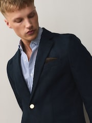 Navy Gold Buttons Slim Fit Faux Suede Blazer - Image 3 of 12