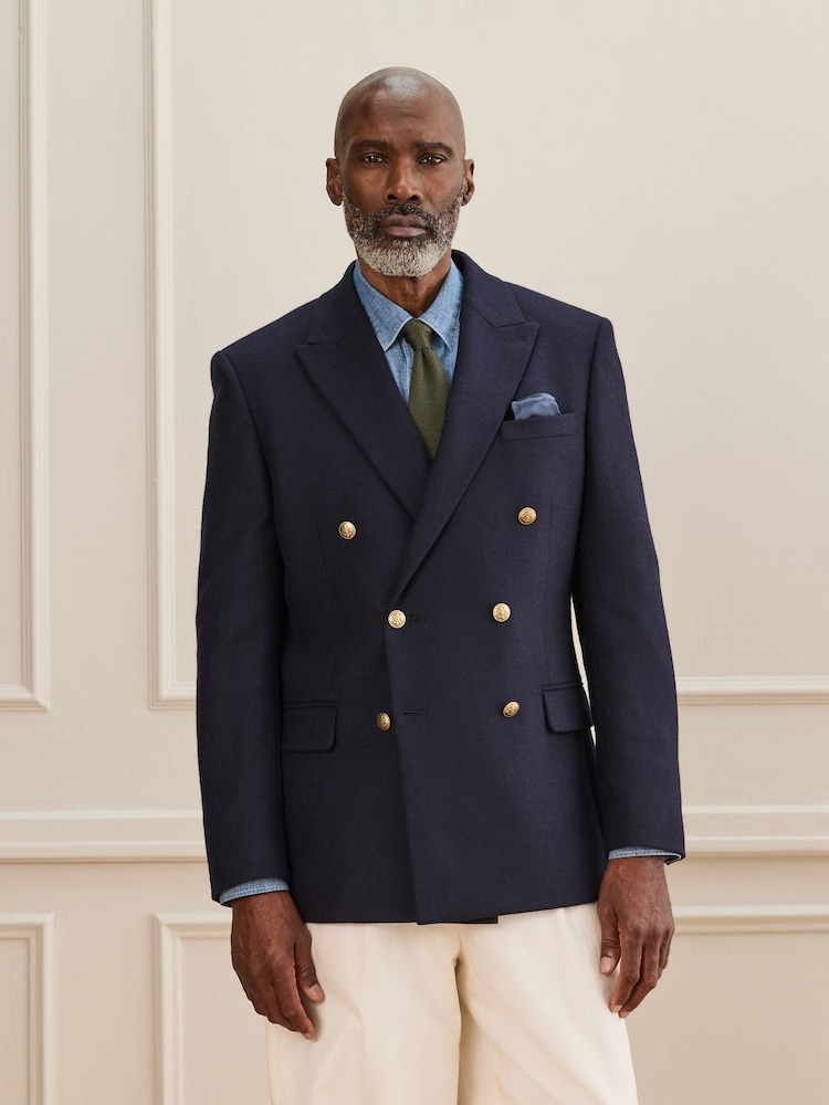 Navy Blue Regular Fit Signature Moons Double Breasted Wool Blazer - Image 9 of 9