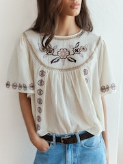 BHOEM Cream BOHO EMBROIDERY SHORT CAPE SLEEVE TOP - Image 1 of 5