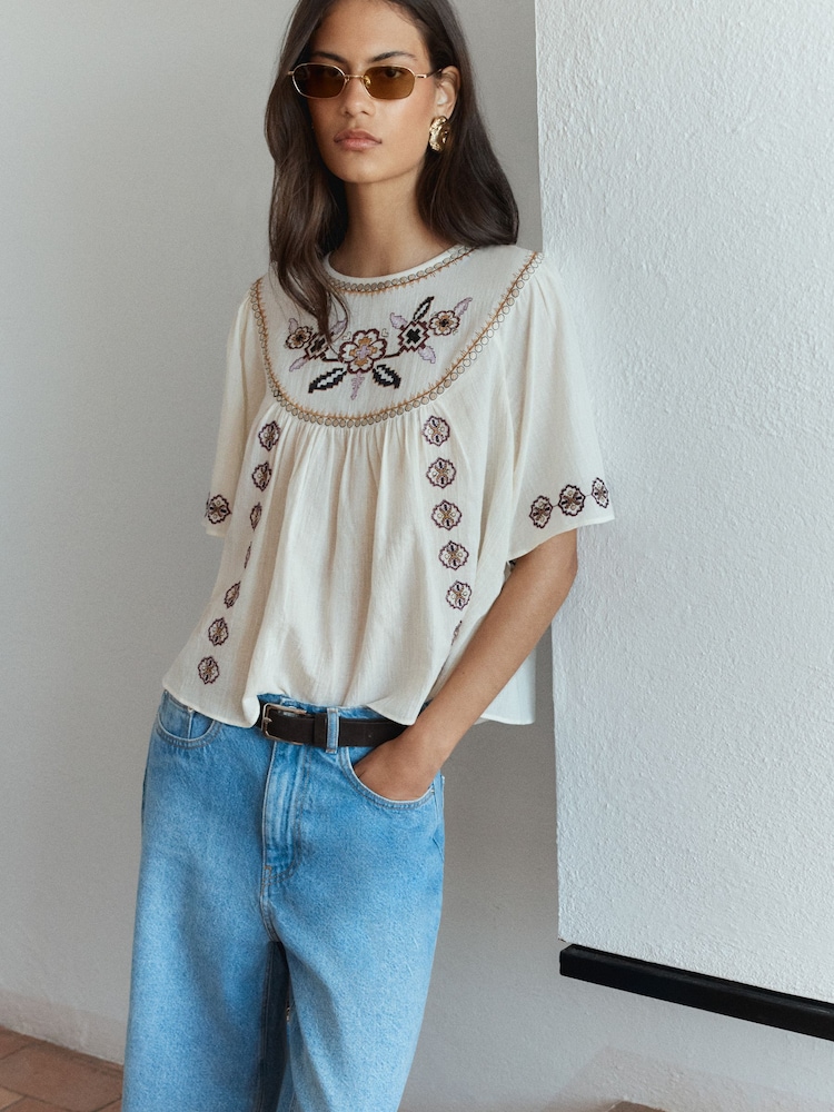 BHOEM Cream BOHO EMBROIDERY SHORT CAPE SLEEVE TOP - Image 5 of 5