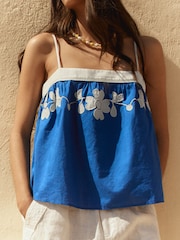 BHOEM Cobalt Blue Floral Embroidered Cotton Strappy Top - Image 2 of 5