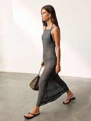 BHOEM Dark Grey Open Back Metallic Crochet Beach Maxi Dress - Image 3 of 5
