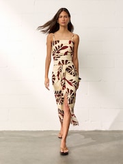 BHOEM Tan Brown Floral Print Midi Skirt With Knot Detail - Image 1 of 5