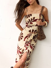 BHOEM Tan Brown Floral Print Midi Skirt With Knot Detail - Image 5 of 5