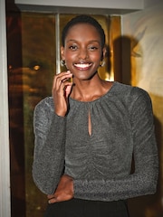 Pure Collection Silver Shimmer Jersey Drape Neck Long Sleeve Top - Image 3 of 3