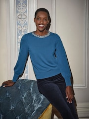 Pure Collection Blue Wool Cashmere Crystal Neck Sweater - Image 1 of 3