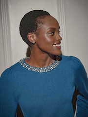 Pure Collection Blue Wool Cashmere Crystal Neck Sweater - Image 3 of 3