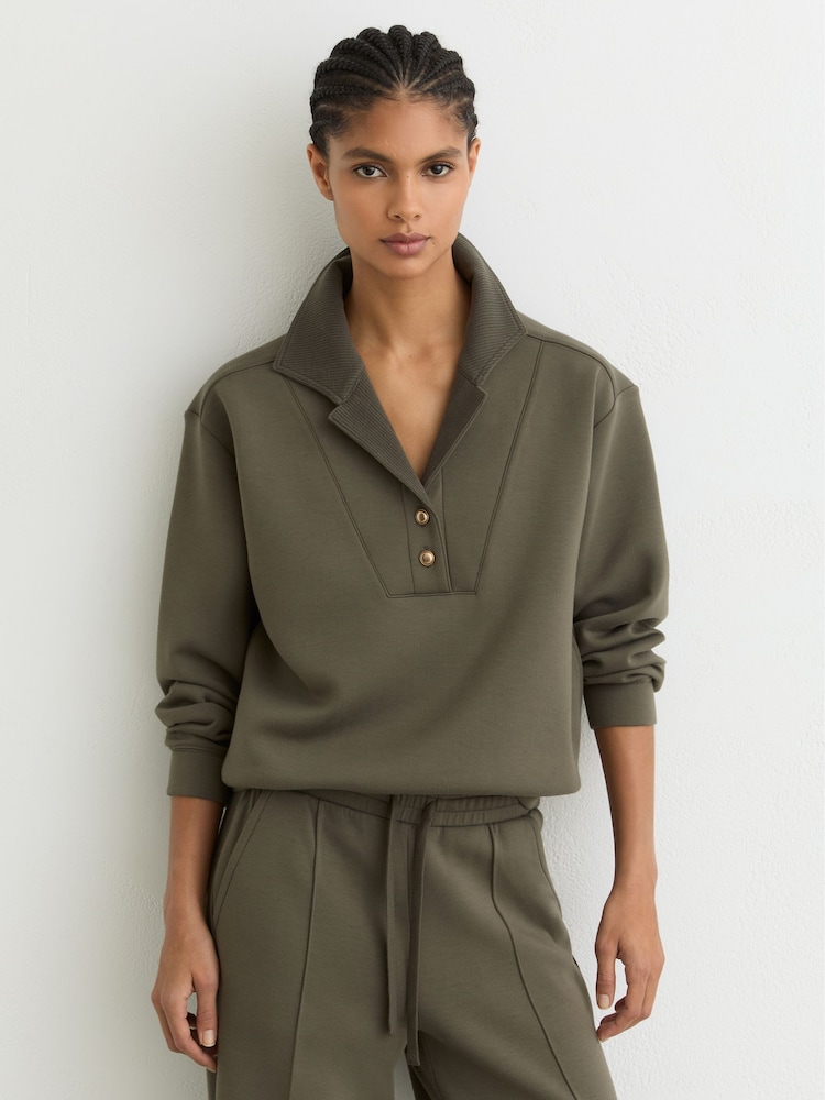 Reiss Khaki Green Bella Premium Interlock Collar Sweatshirt - Image 1 of 6 Reiss Khaki Green Bella Premium Interlock Collar Sweatshirt - Image 1 of 6