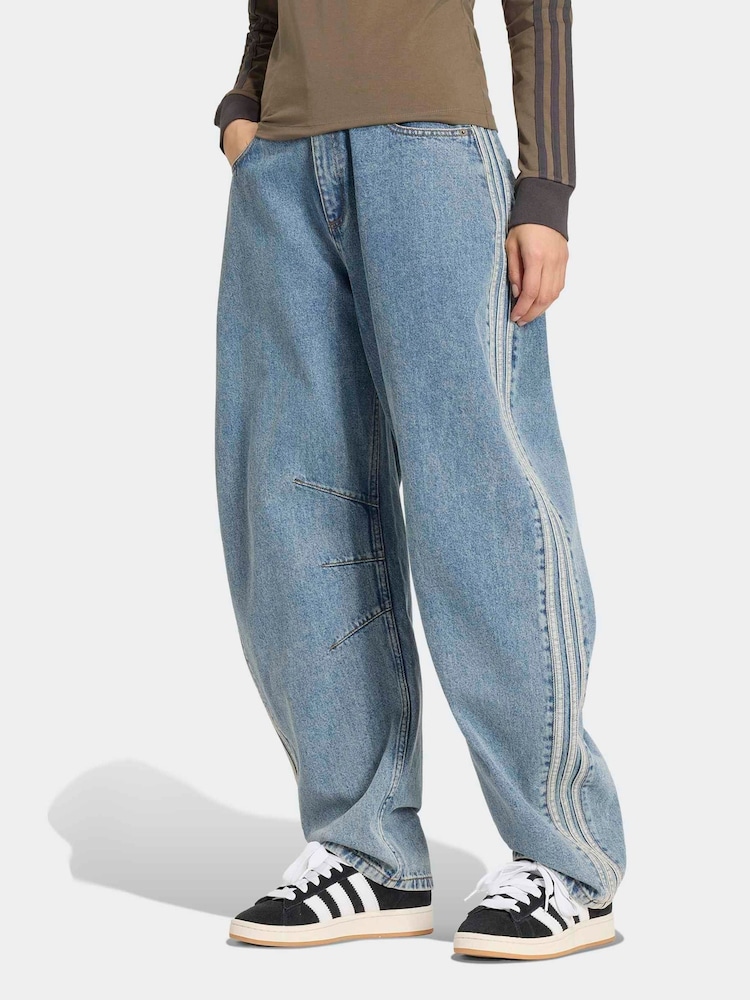 adidas Originals Blue 3-Stripes Barrel Denim Jeans - Image 1 of 6