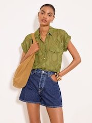 Lipsy Khaki Green Geo Burnout Short Sleeve Shirt - Image 1 of 5