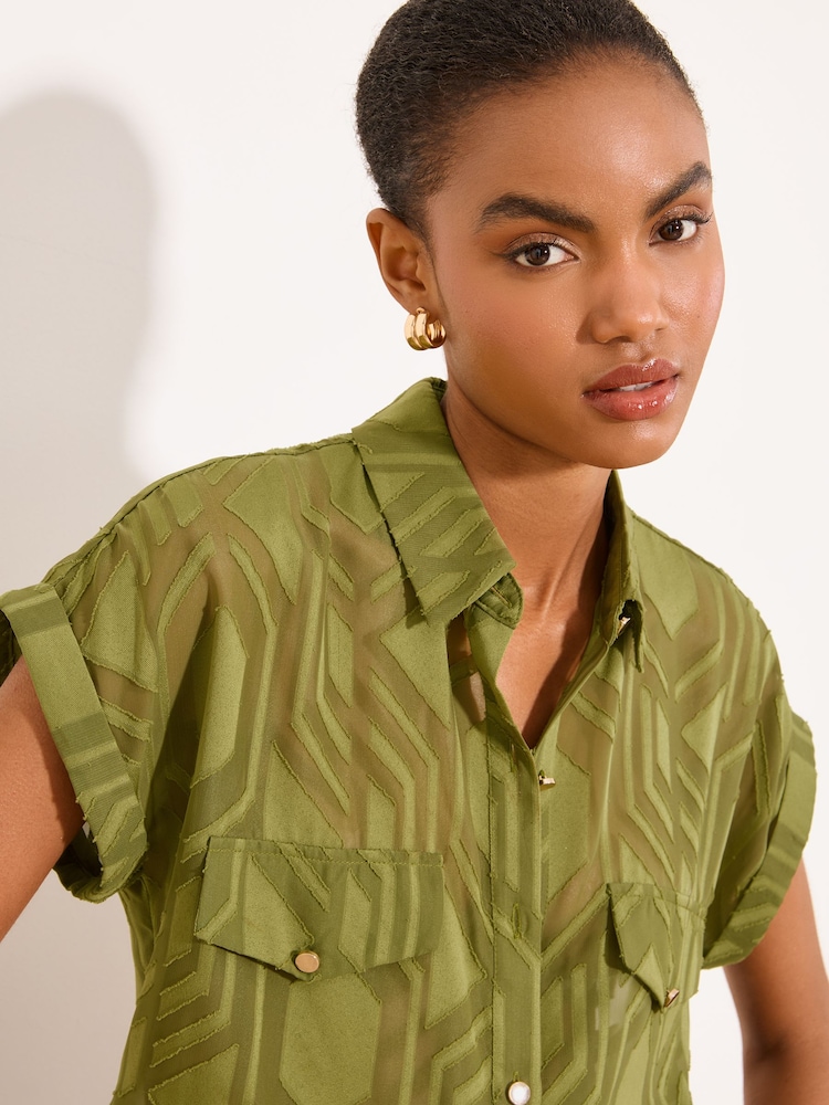 Lipsy Khaki Green Geo Burnout Short Sleeve Shirt - Image 2 of 5