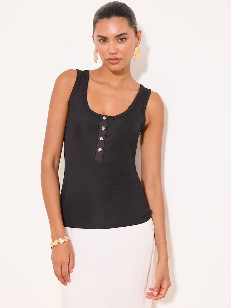 Lipsy Black Rib Henley Vest - Image 1 of 5 Lipsy Black Rib Henley Vest - Image 1 of 5
