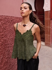 Lipsy Green Floral Lace Applique Lurex Cami Top - Image 2 of 4