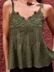 Lipsy Green Floral Lace Applique Lurex Cami Top - Image 4 of 4