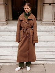 Tan Brown Shower Resistant Funnel Neck Trench Coat - Image 4 of 10