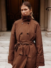 Tan Brown Shower Resistant Funnel Neck Trench Coat - Image 6 of 10