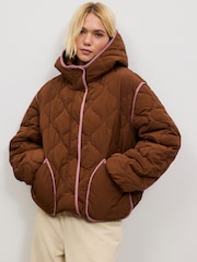 Tan Brown with Pink Piping Lightweight Quilted Jacket - Image 1 of 7