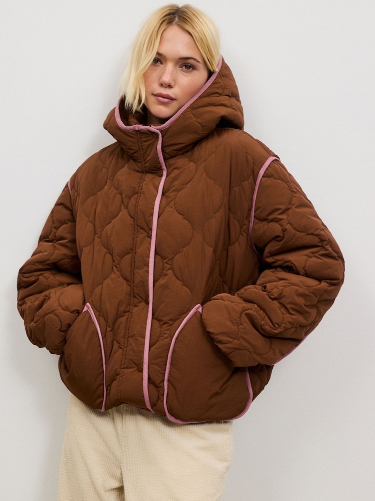 Tan Brown with Pink Piping Lightweight Quilted Jacket - Image 1 of 7