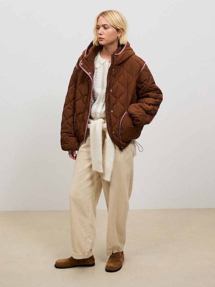 Tan Brown with Pink Piping Lightweight Quilted Jacket - Image 2 of 7