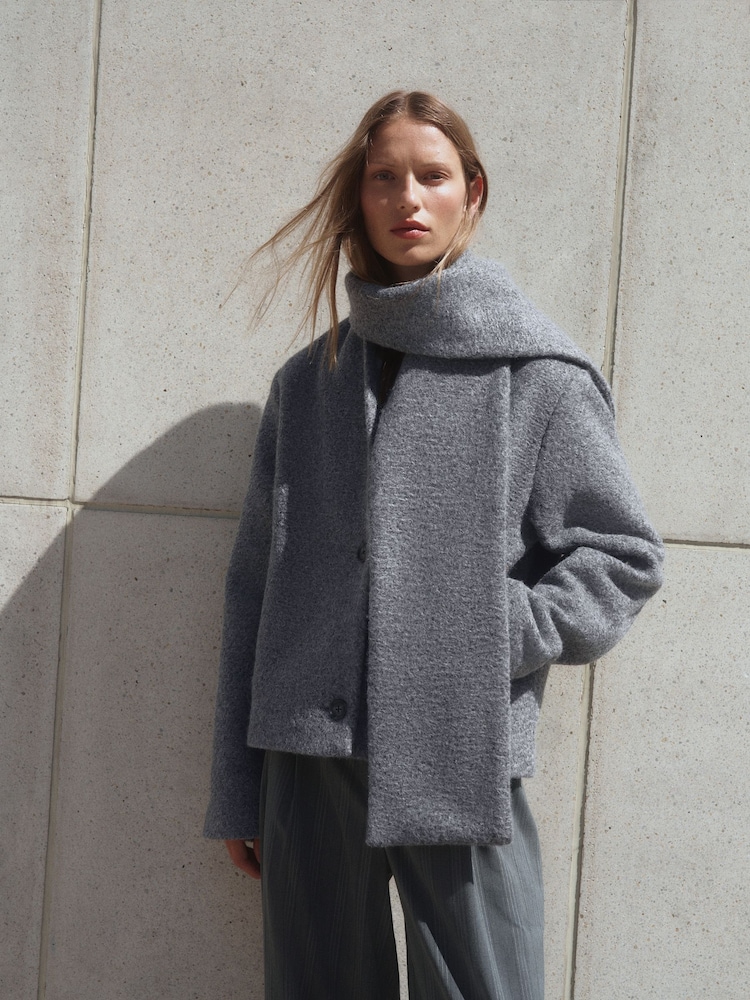 Grey Short Coatigan Scarf Jacket - Image 1 of 10
