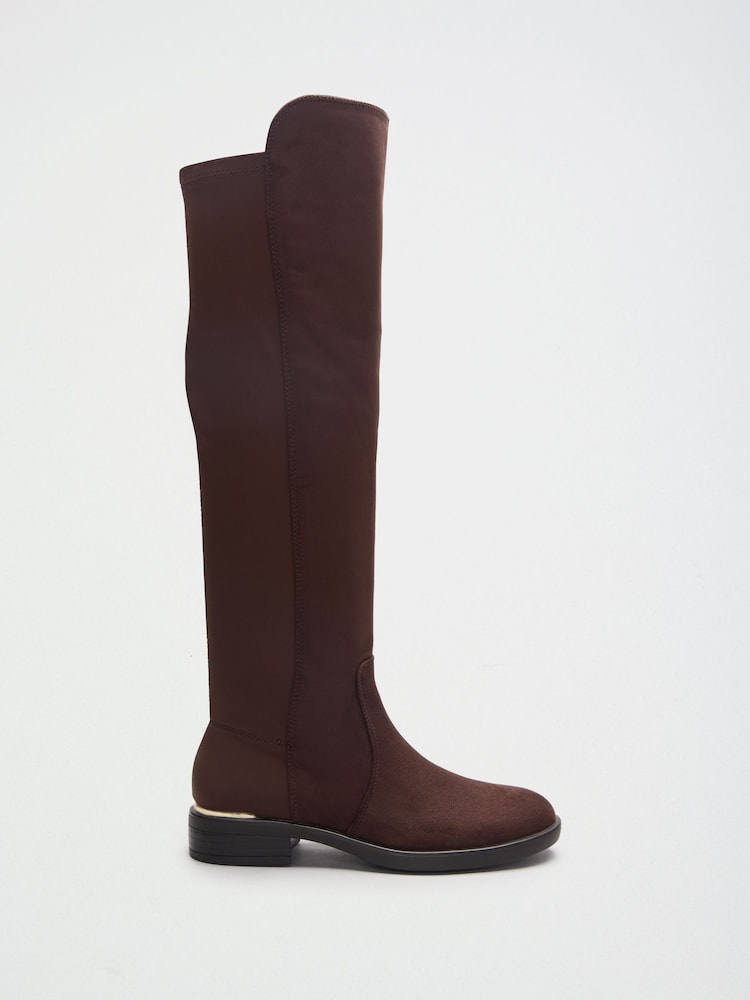Chocolate Brown Standard fit Elasticated Flat Knee High Casual Riding Boots - Image 2 of 6 Chocolate Brown Standard fit Elasticated Flat Knee High Casual Riding Boots - Image 2 of 6