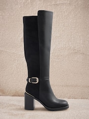 Lipsy Black Faux Leather & Suede Buckle Knee High Block Heeled Boots - Image 1 of 7